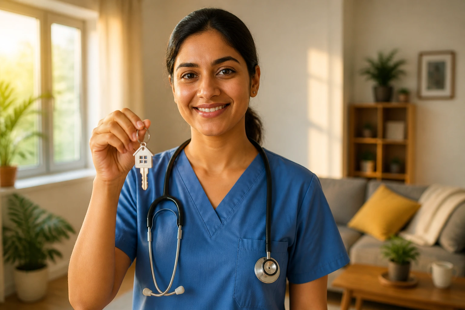 Nurse holding house key symbolizing permanent residency stability