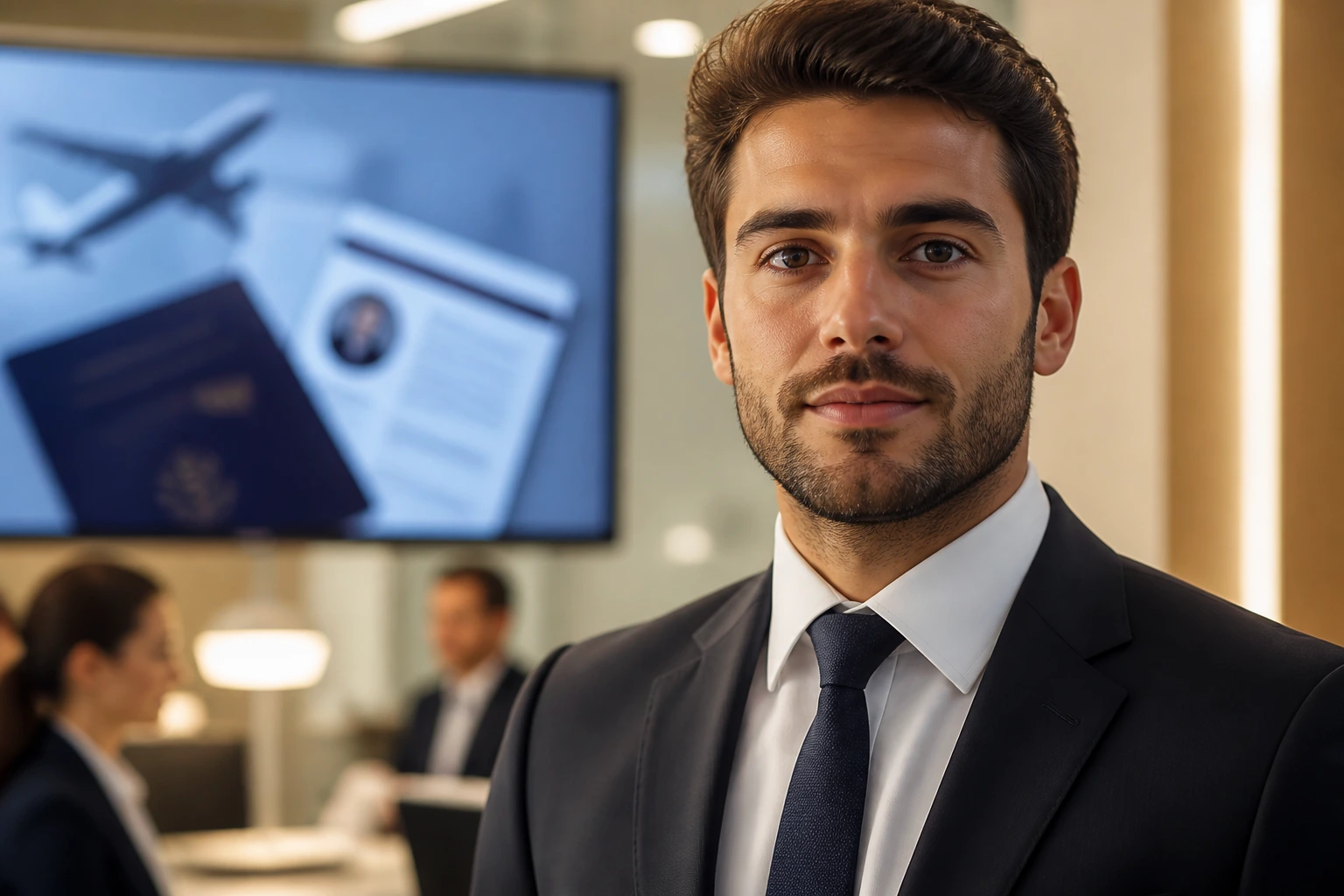 Portrait of a hotel manager candidate in a professional setting illustrating the Skilled Worker Visa route