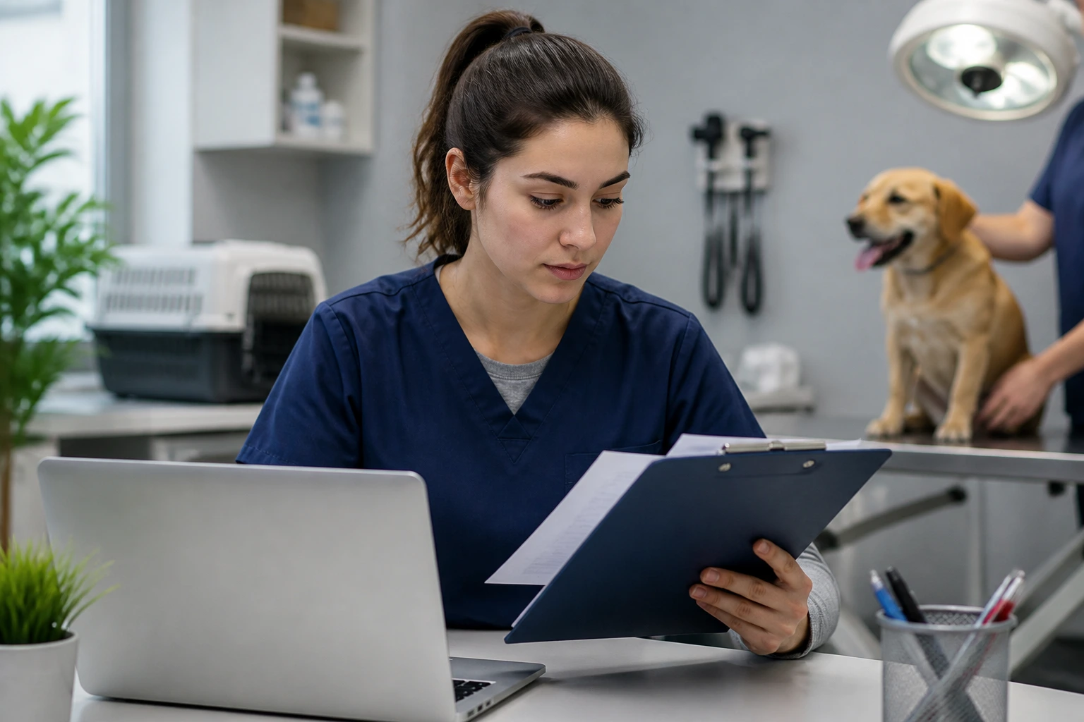 Vet assistant reviewing visa-related documents in clinic