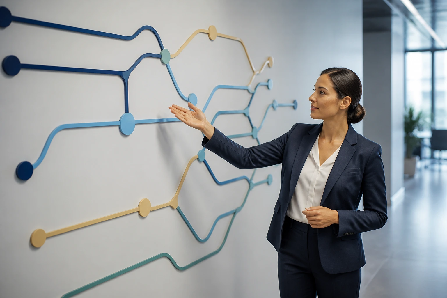 Professional in front of an abstract diagram representing visa routes in an office