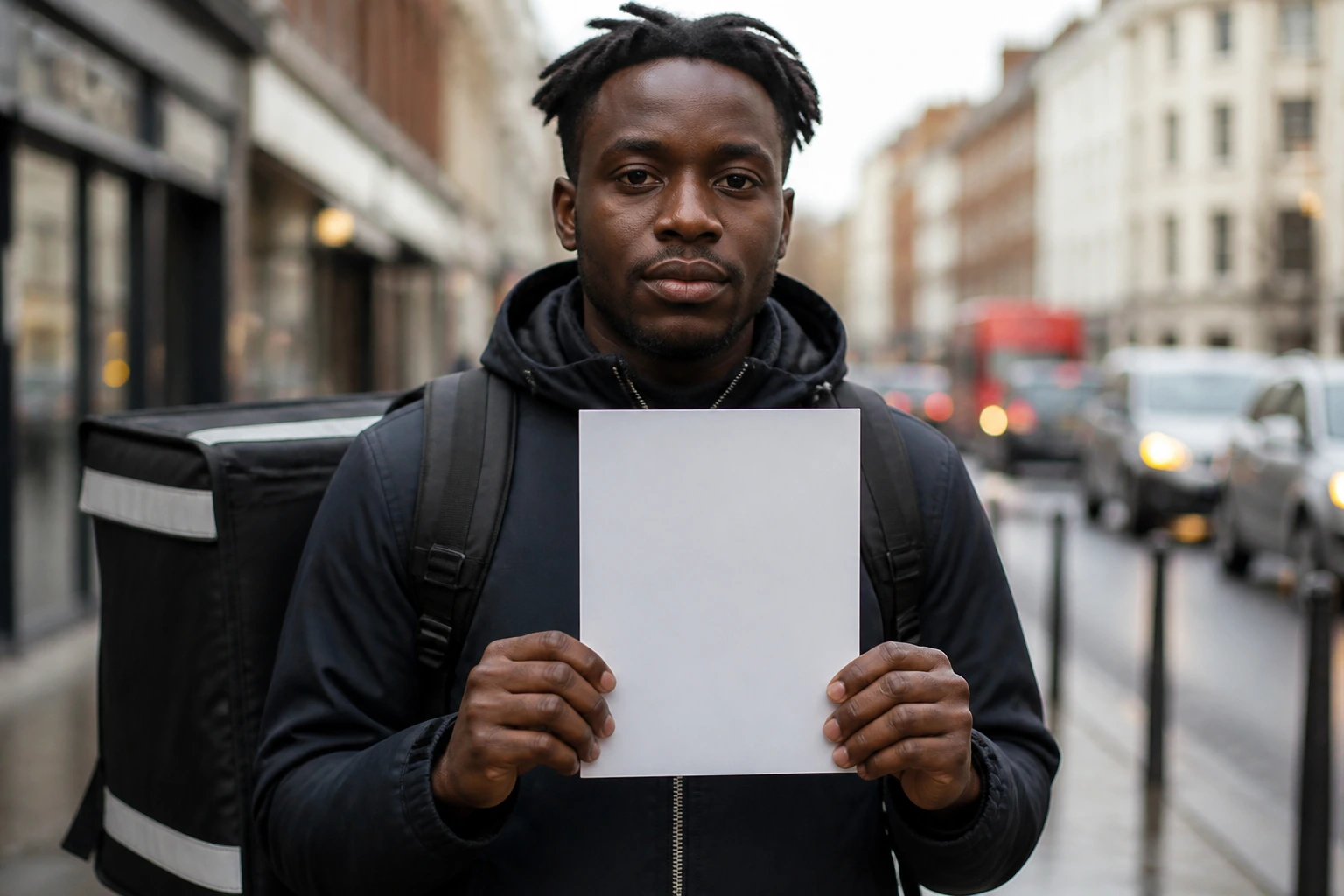 Portrait of a person on a city street holding a blank paper to symbolize visa paperwork