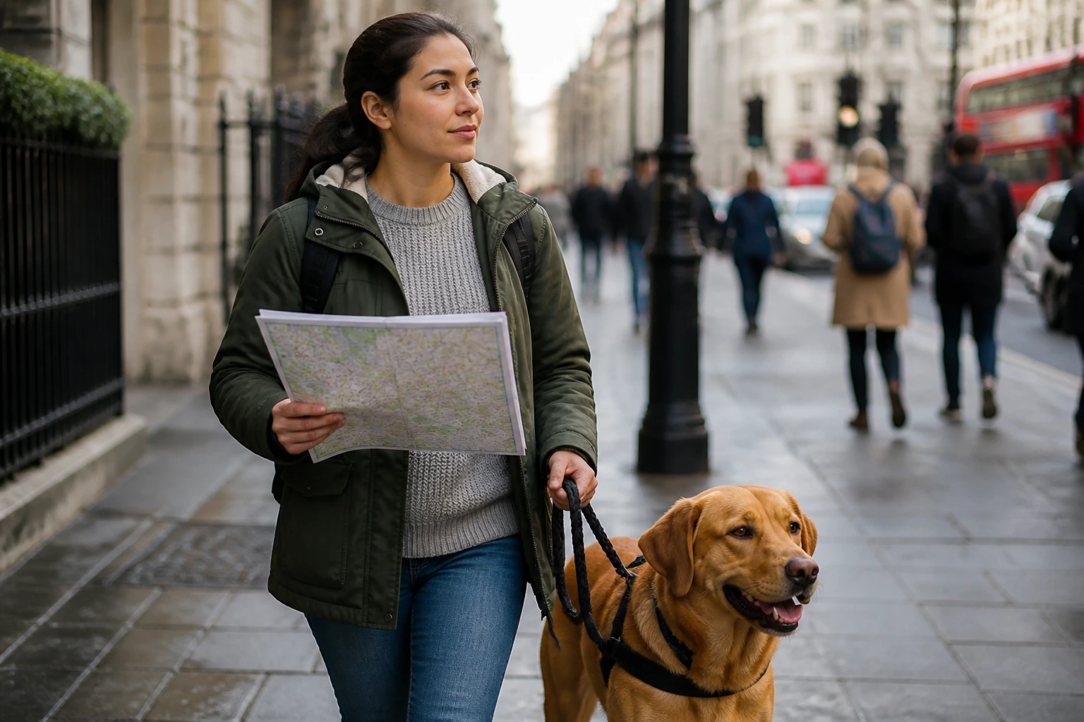 Person with a map walking a dog in an urban setting