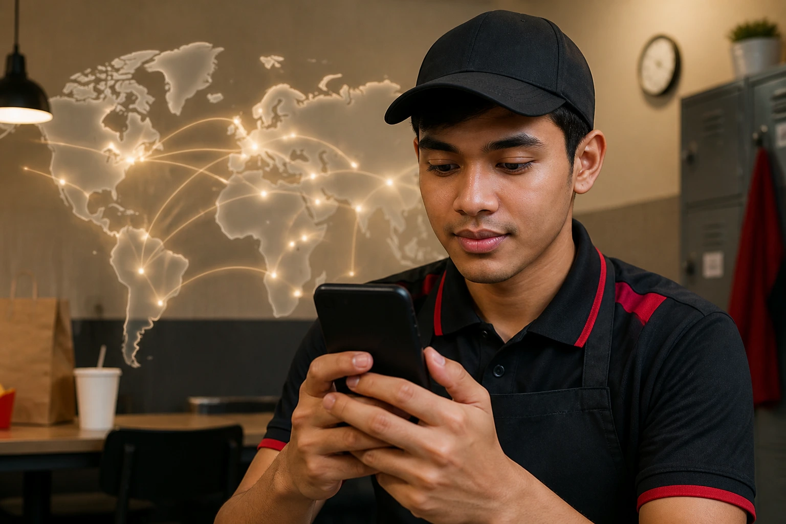 Worker in uniform examining visa route options on a smartphone in a staff room
