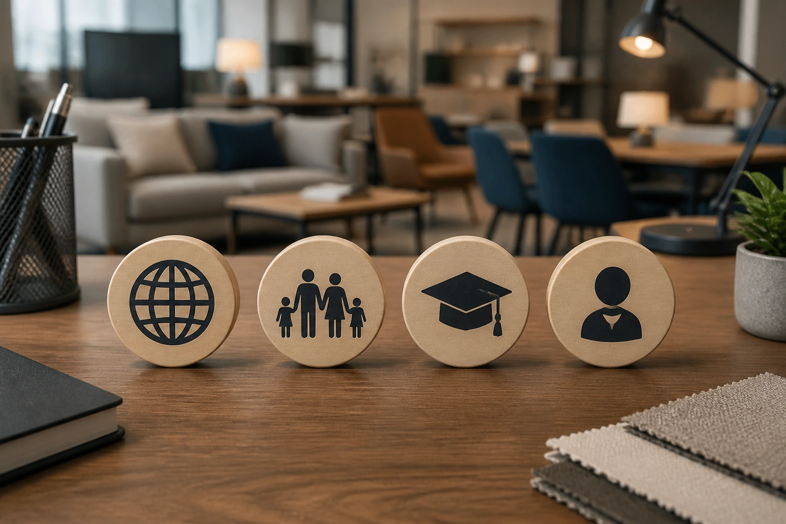 Icons representing alternative visa routes for furniture retail on a desk
