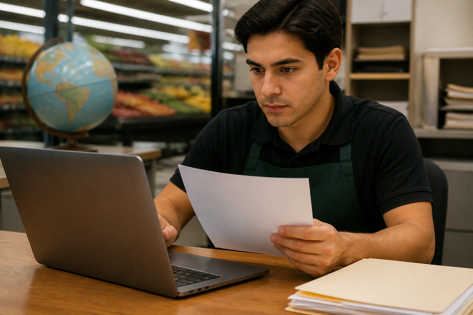 Close-up of a candidate at a desk with a laptop and globe decor in a grocery store back office
