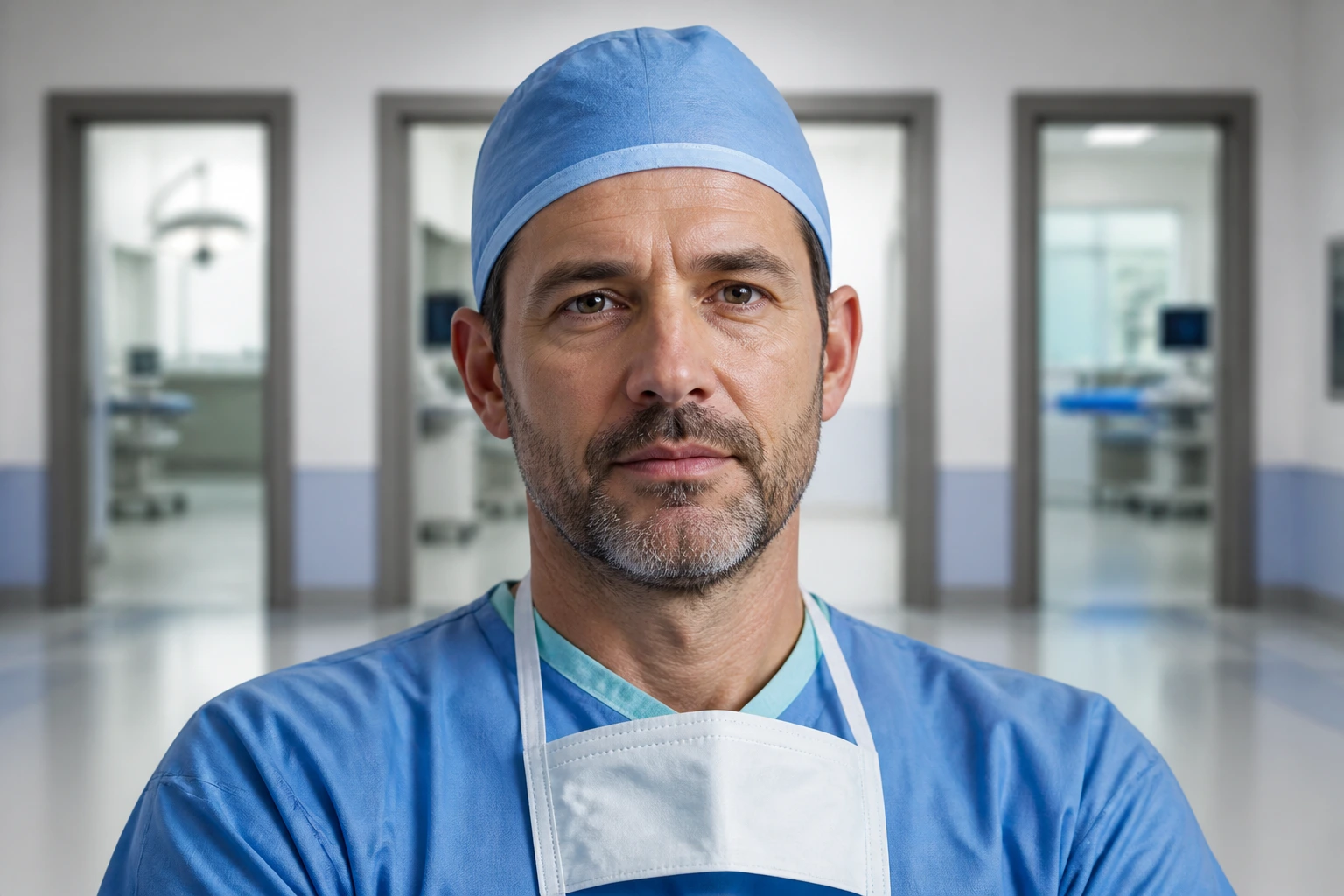 Surgeon portrait with three doorways in background