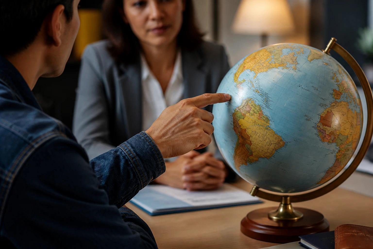 Portrait of a person pointing at a globe in a travel advisory setting, symbolizing visa routes.