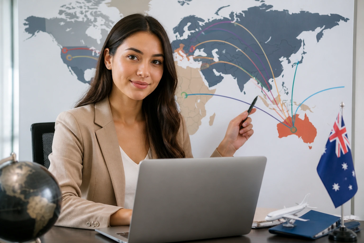Portrait of a person with a world map backdrop suggesting Australian visa routes