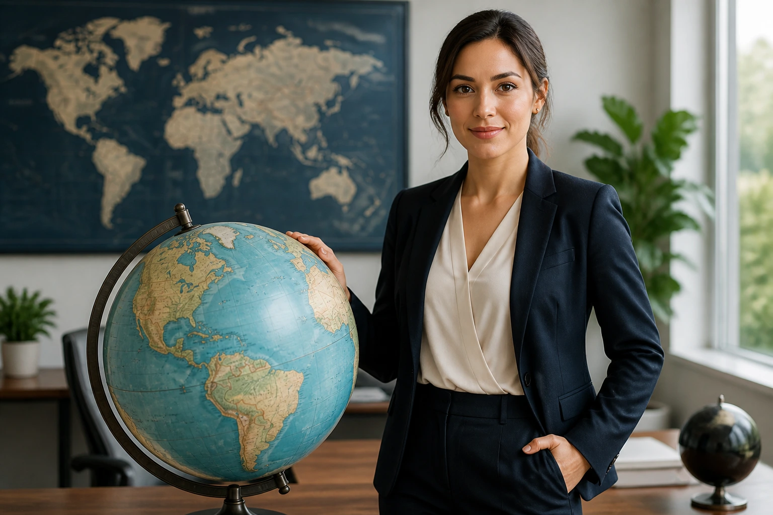 Professional with globe in an office representing visa routes for massage roles