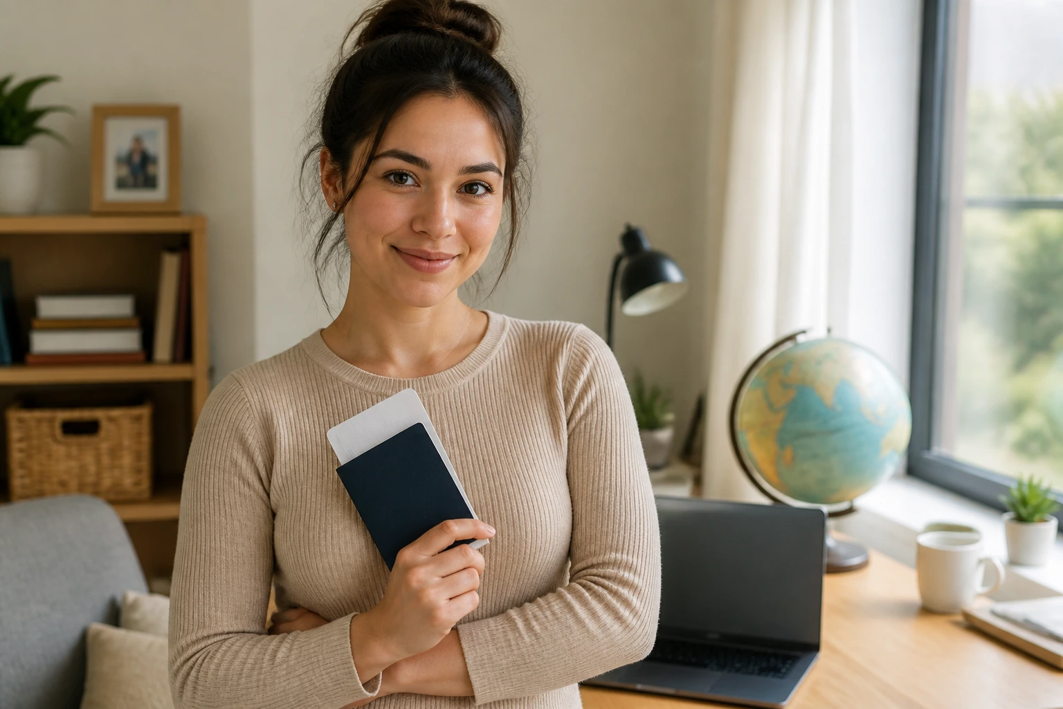 Adult in home study with laptop and globe, illustrating alternate visa routes