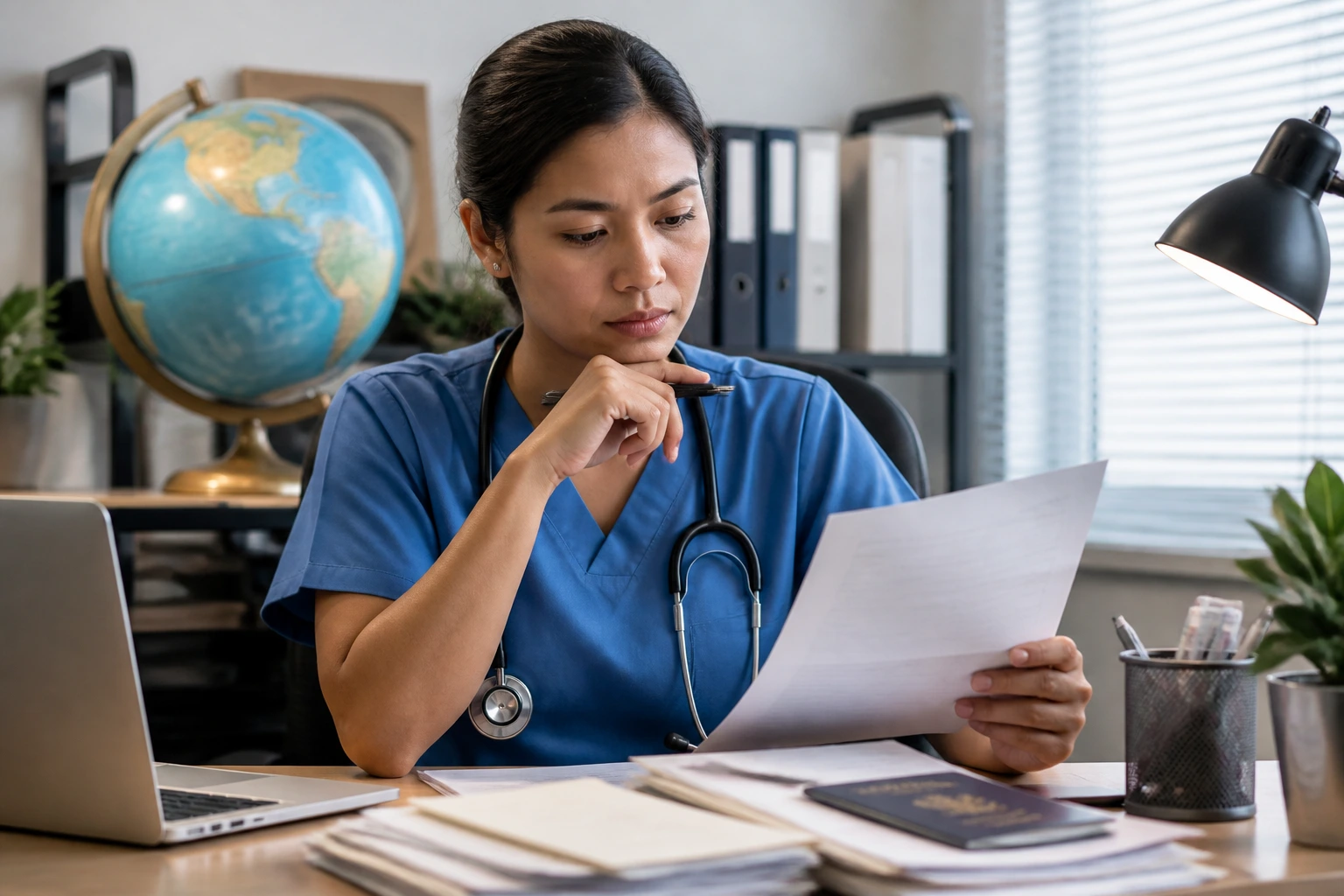 Nurse evaluating visa routes for foreign ICU nurses with a globe nearby.