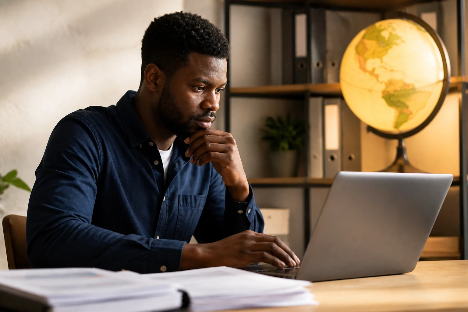 Person researching visa routes with globe and laptop