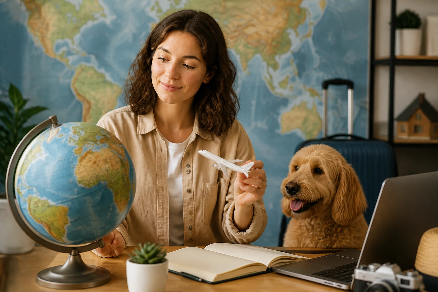 Portrait of a person in a travel-themed workspace with a world map, suggesting visa route considerations without sponsorship