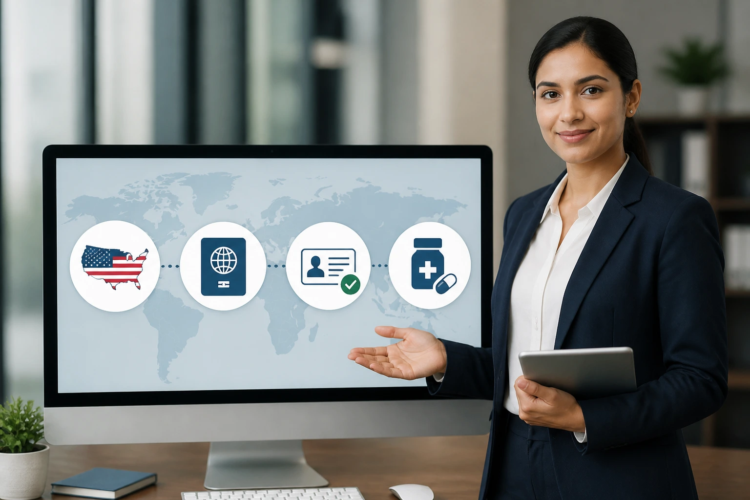 Recruiter in office with visa icons on screen representing sponsorship routes