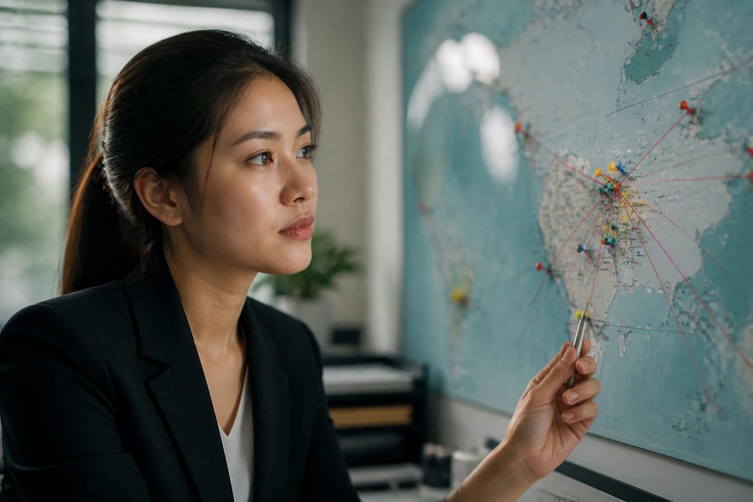 Portrait of a person contemplating visa routes in an office setting
