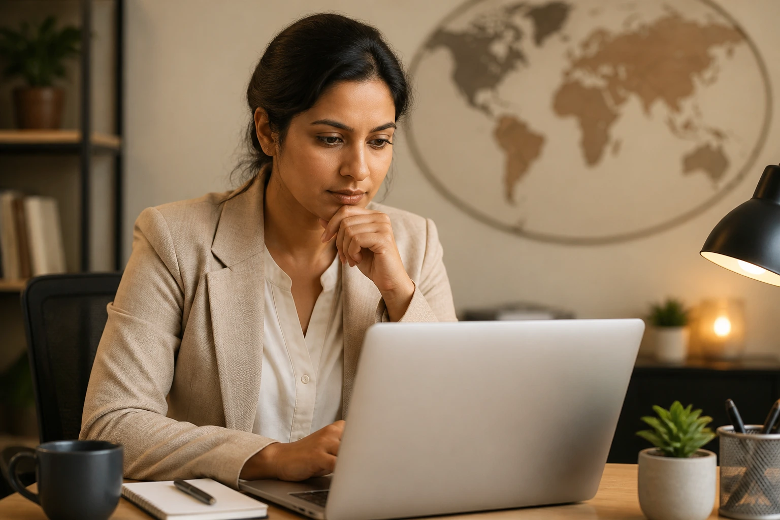 Person in an office considering visa routes with a globe icon backdrop