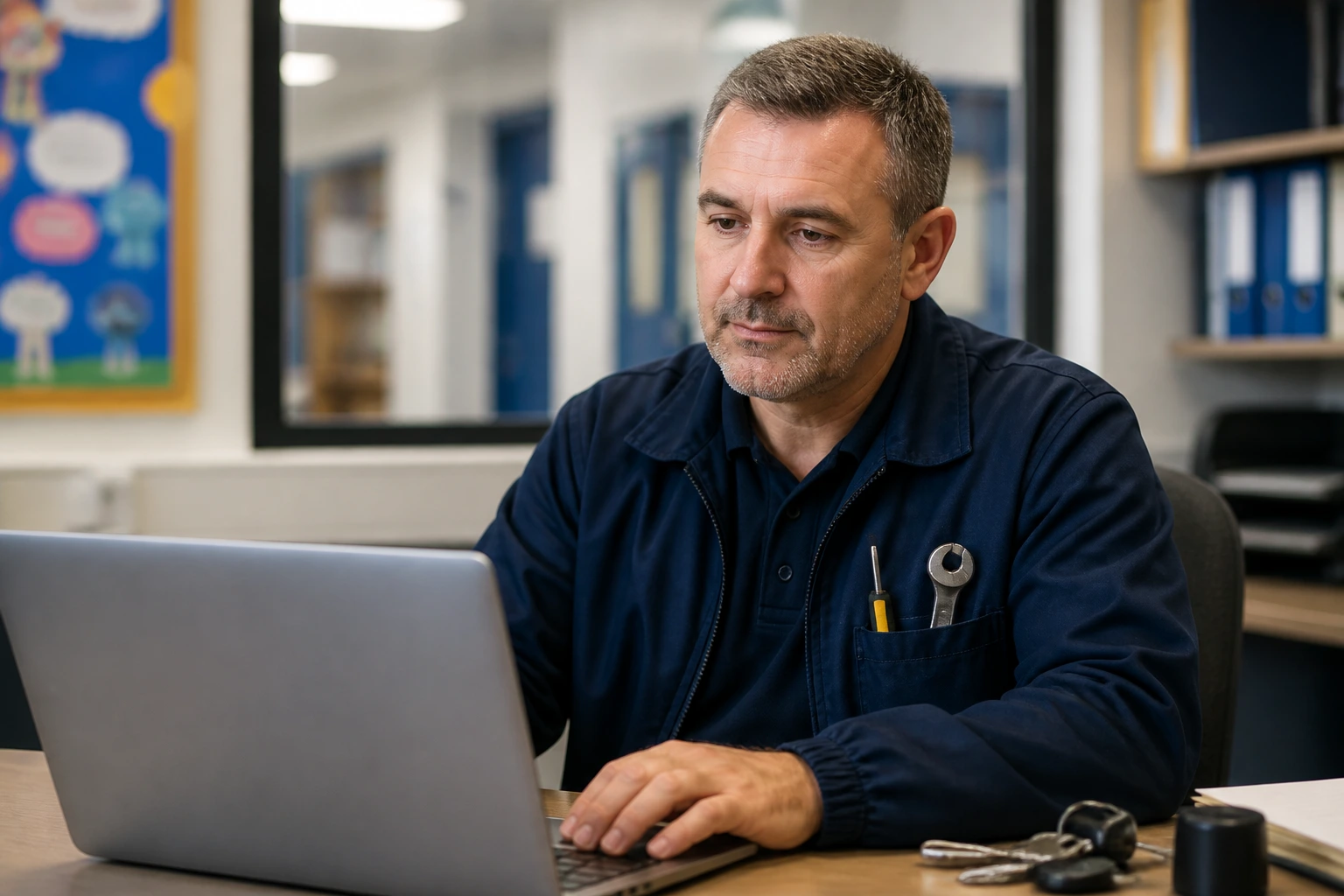 Caretaker examining visa routes on a laptop