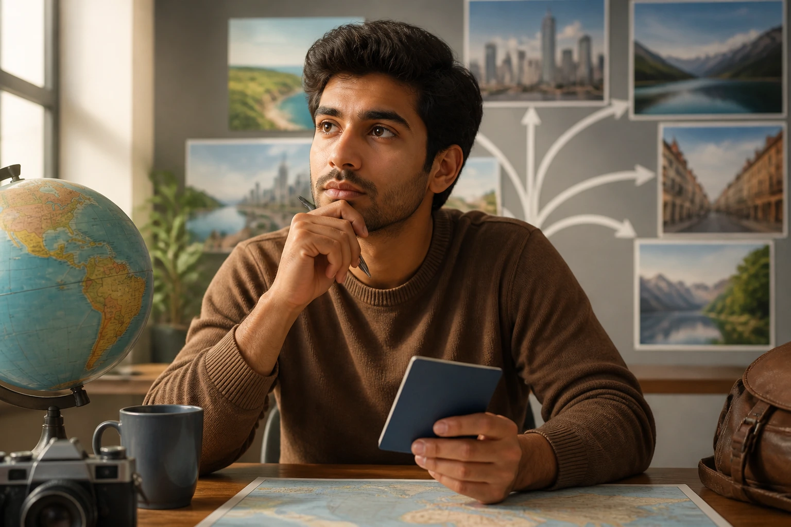 Person considering visa routes before taking a counter job, with travel props nearby.