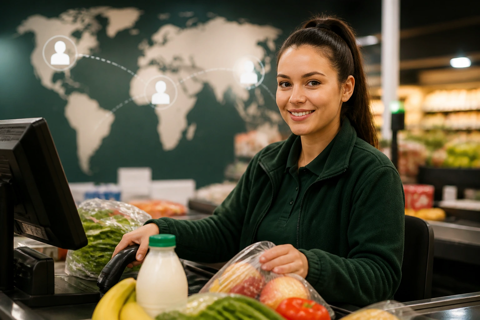Real person at a UK supermarket till with a world map background suggesting visa routes