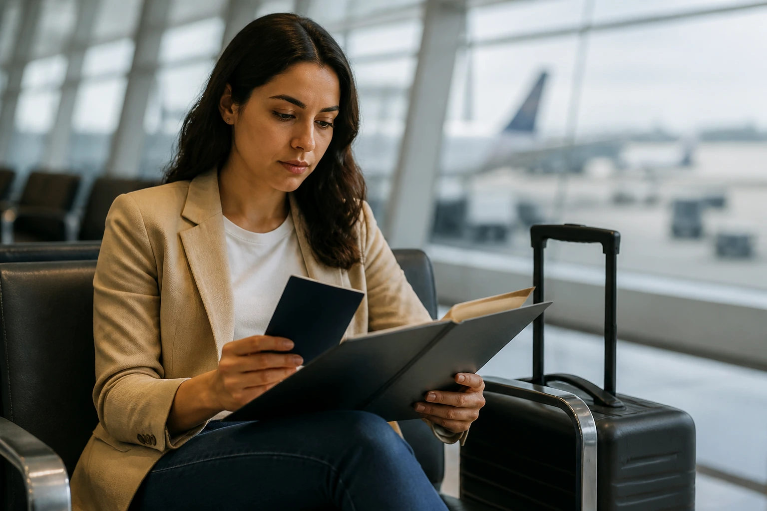 Individual considering visa options in an airport lounge