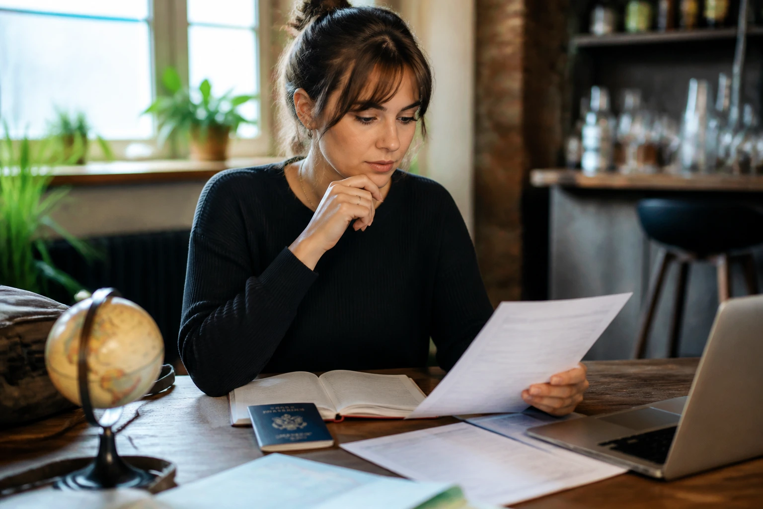 Person with passport and travel documents planning visa routes