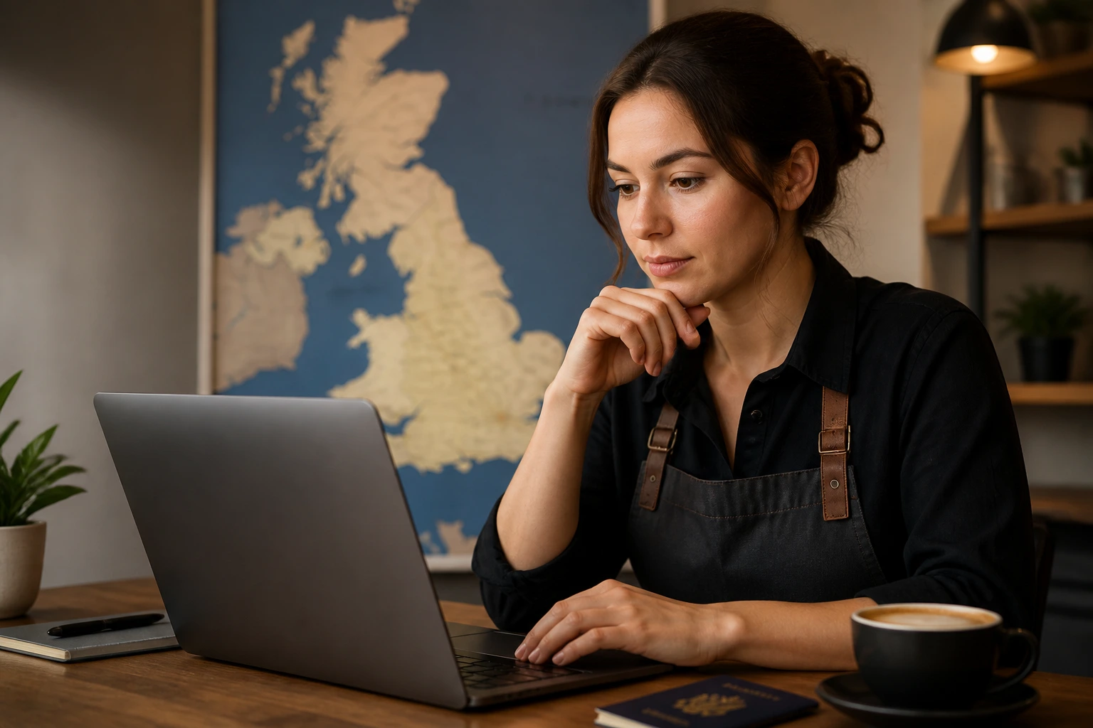 Professional evaluating visa routes for UK coffee job in a home/office setting