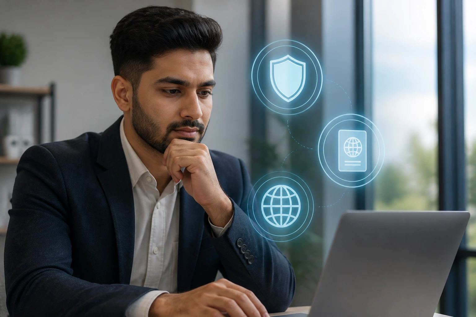 Professional candidate in an office with abstract icons representing visa routes