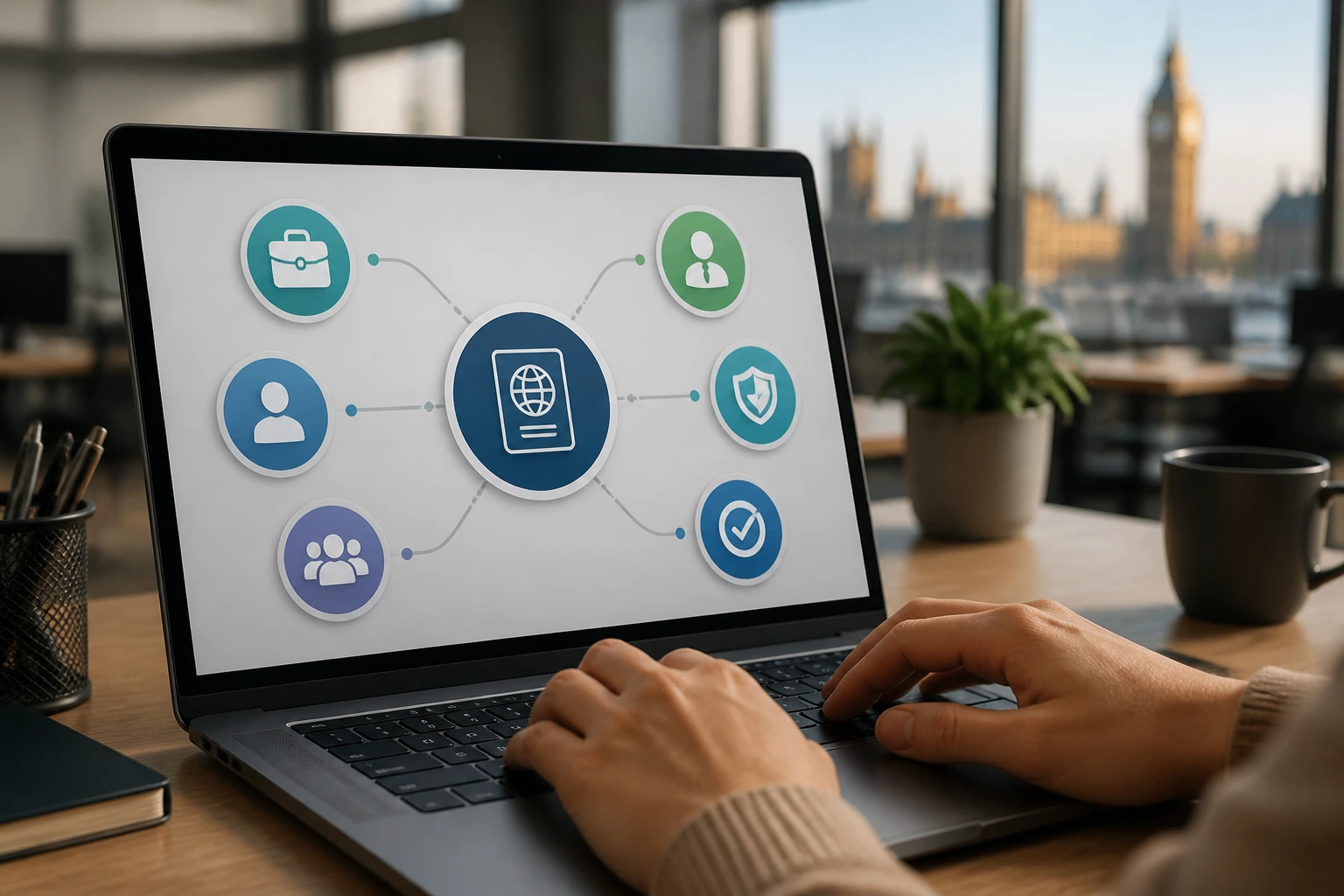 Hands on laptop with visa-route icons, no text