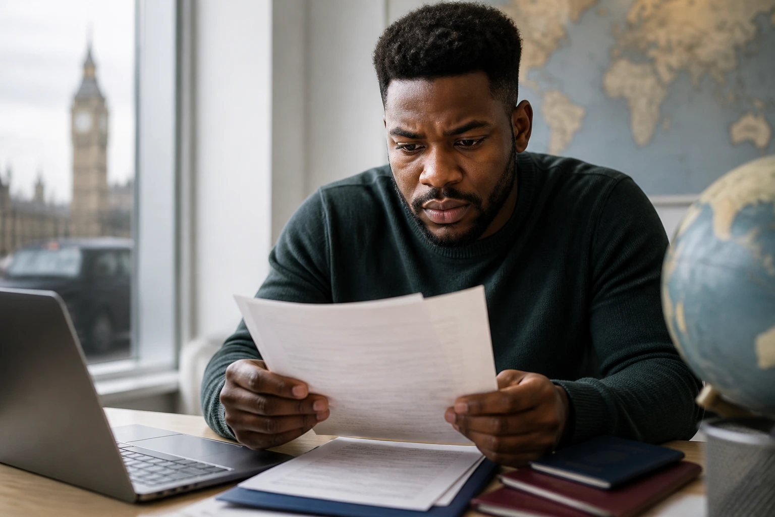 Person at a desk concentrating on visa documents, soft office lighting.