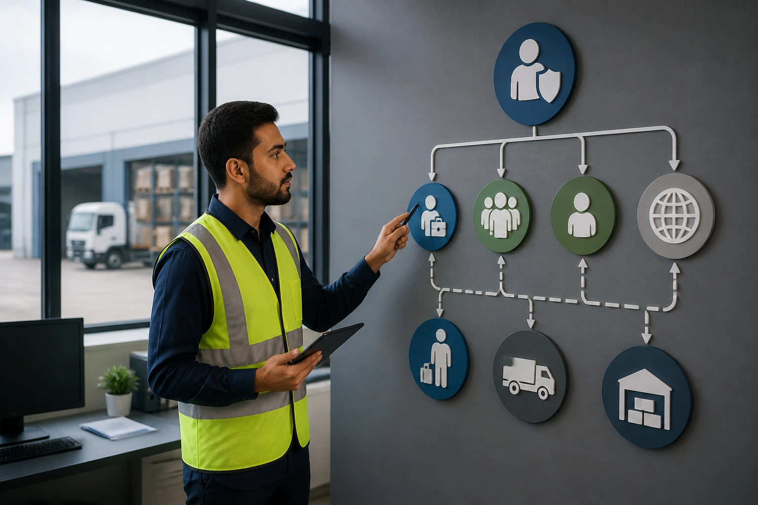 Logistics professional near a wall of visa icons in a warehouse office