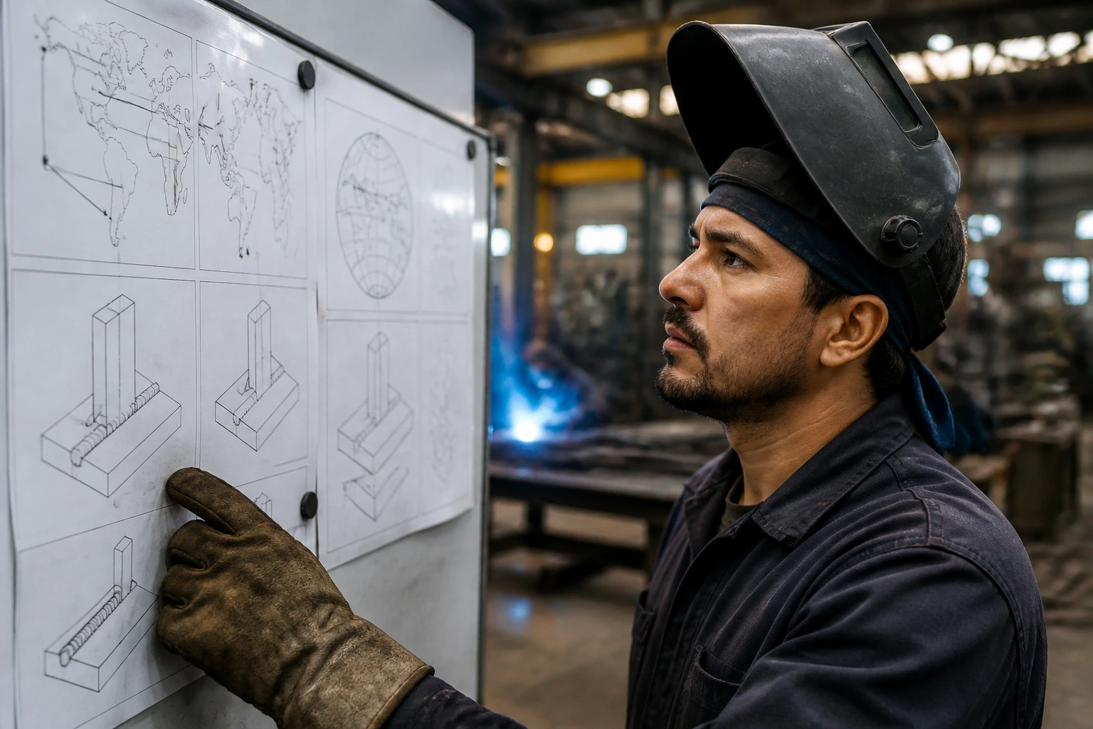 Welder studying blueprint diagrams in a busy shop
