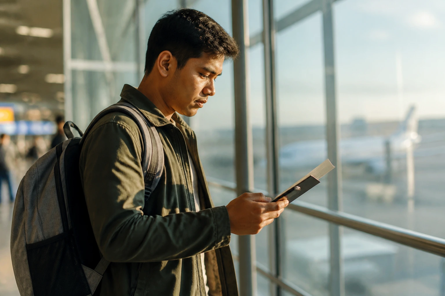 Portrait of a traveler with backpack considering visa routes at a transit hub