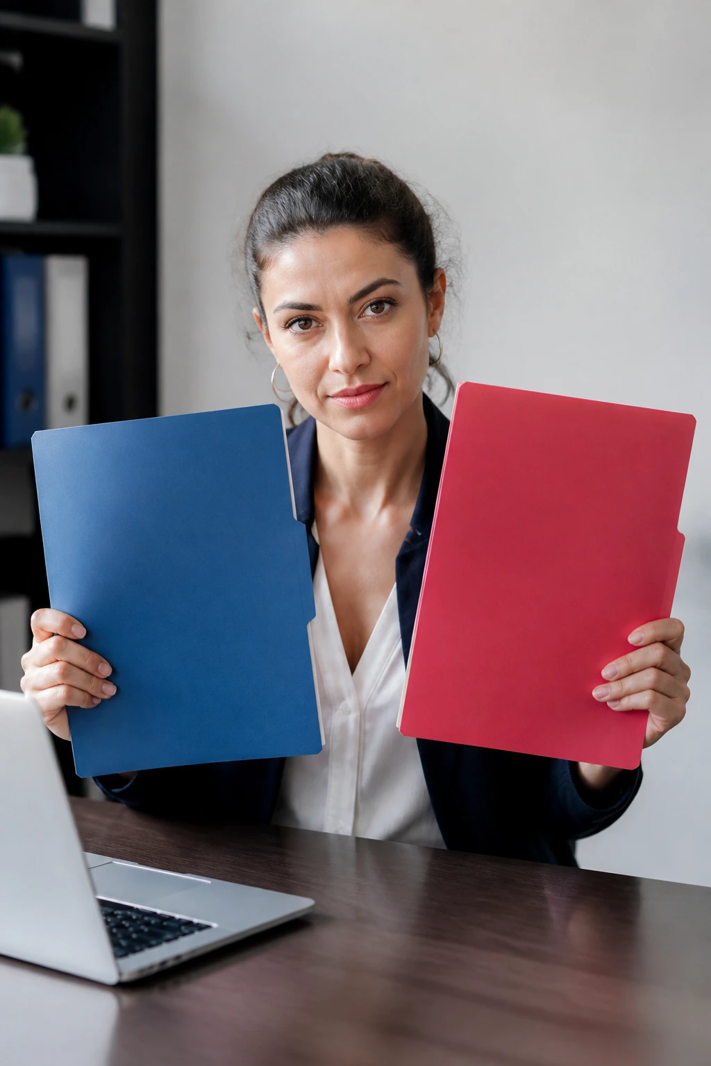 Close-up of a person holding two colored folders in an office, representing visa rule differences