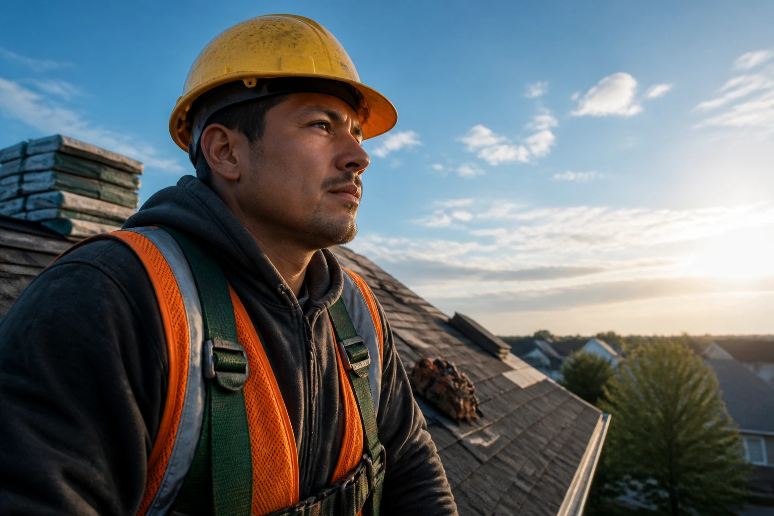 Foreign worker on roof under blue sky