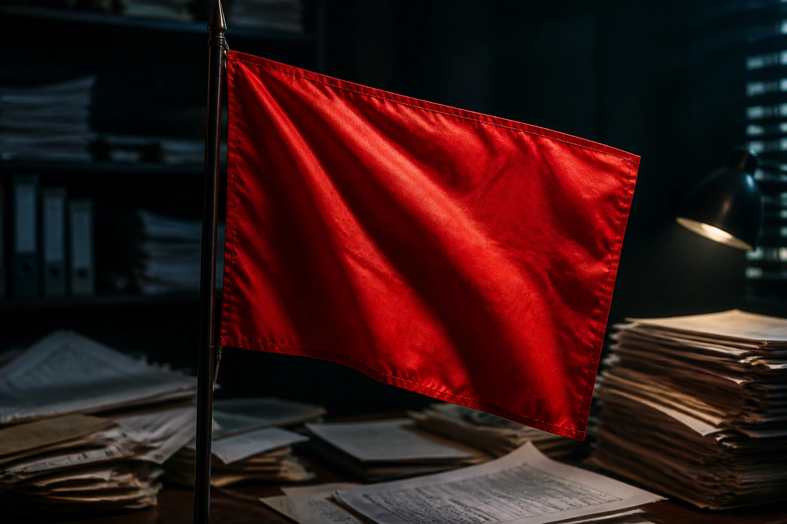 Close-up of a red warning flag signaling a visa scam in an office setting