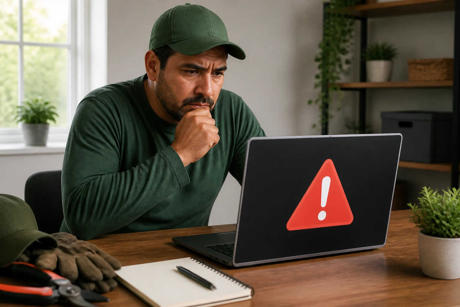 Wary job seeker at laptop with warning icon on screen