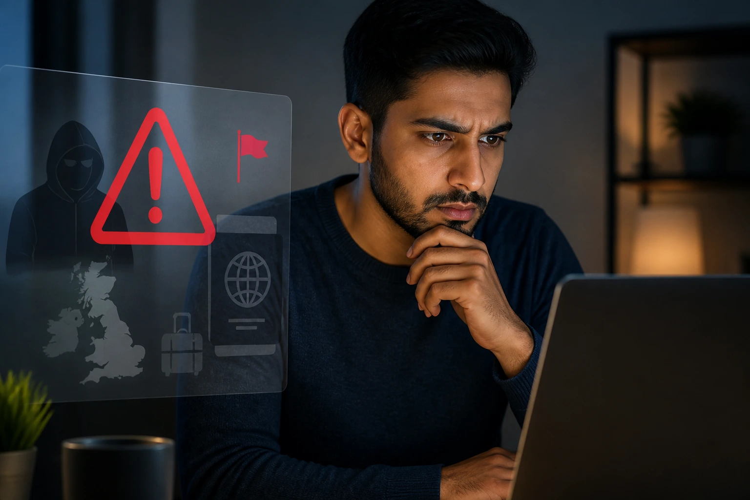 Person scrutinizing a computer screen to spot visa scams