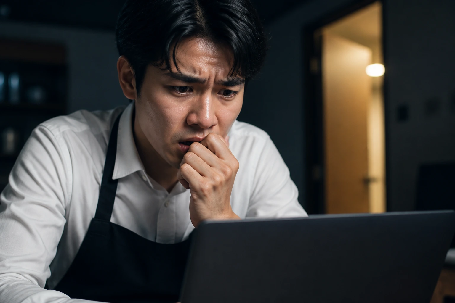 Person wary at laptop, signaling potential sponsorship scam.