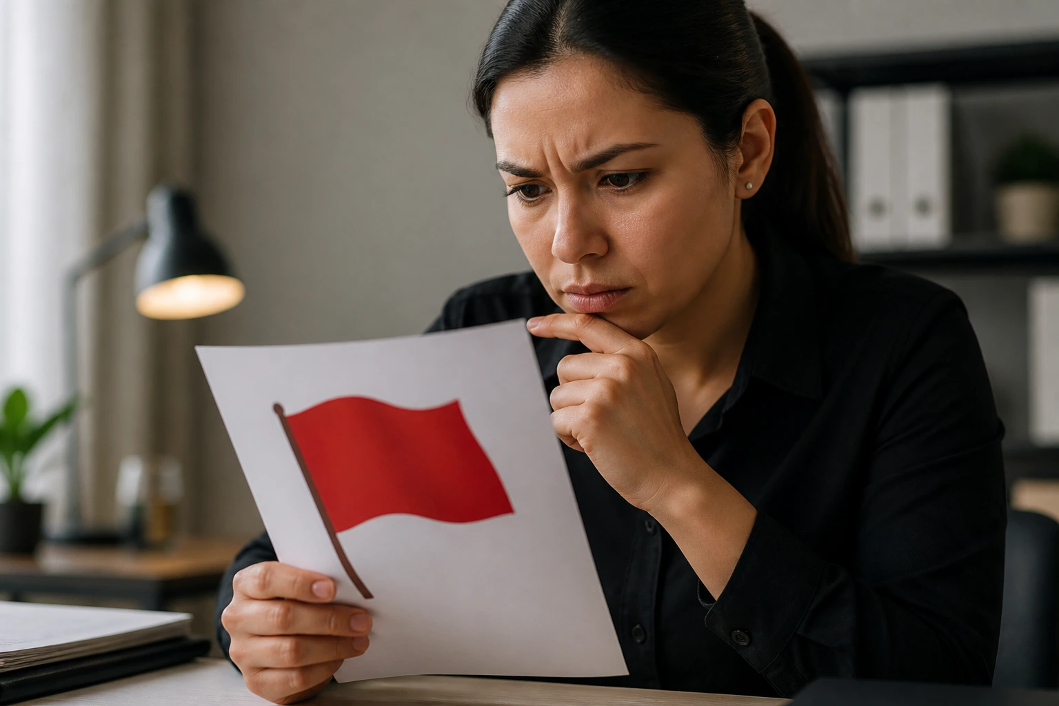 Close-up of a person reviewing a document with a red flag symbol indicating caution