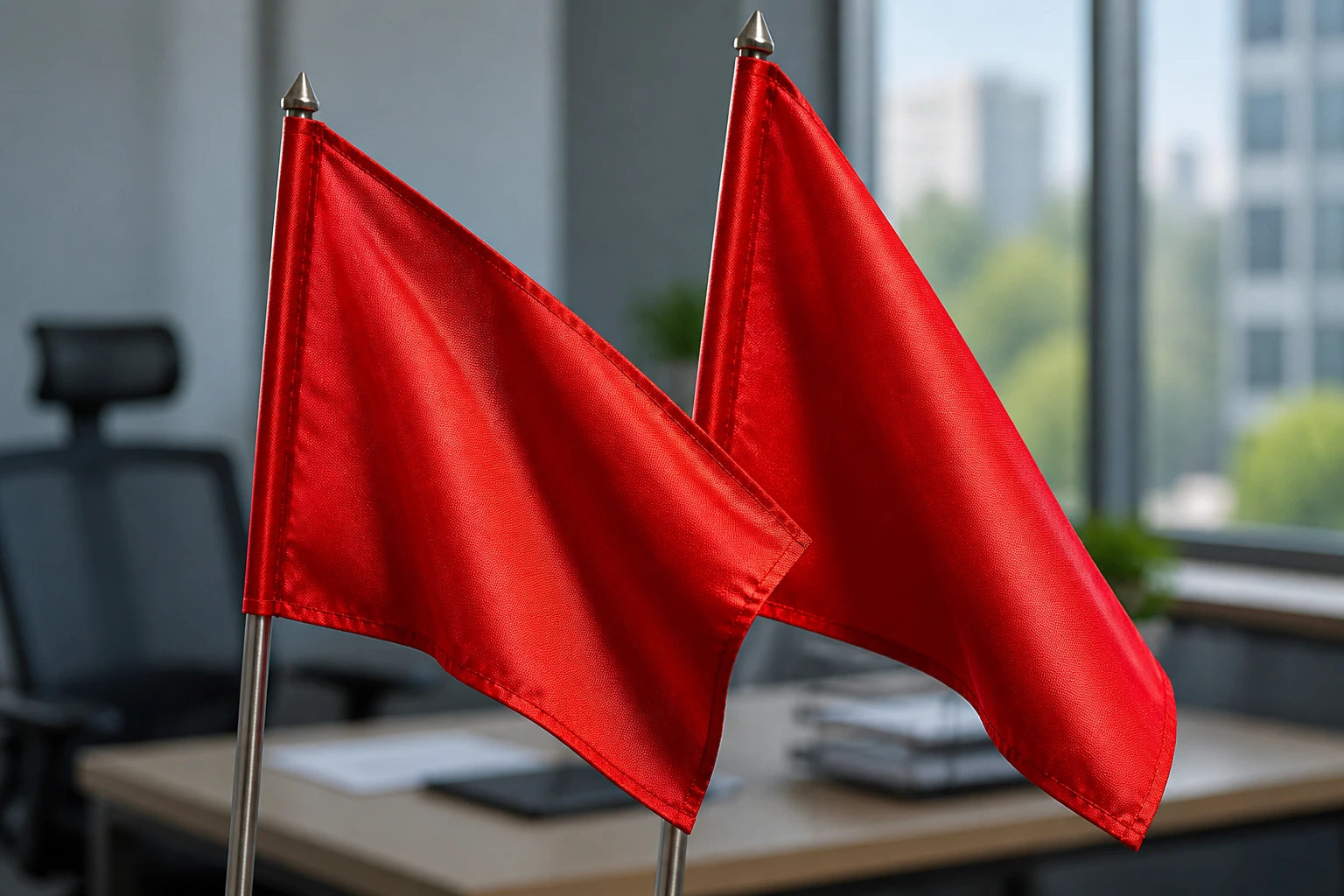 Close-up of red warning flags signaling visa scam risks in an office