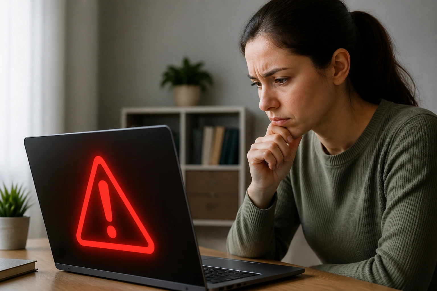 Person warning signs visa scam on laptop screen