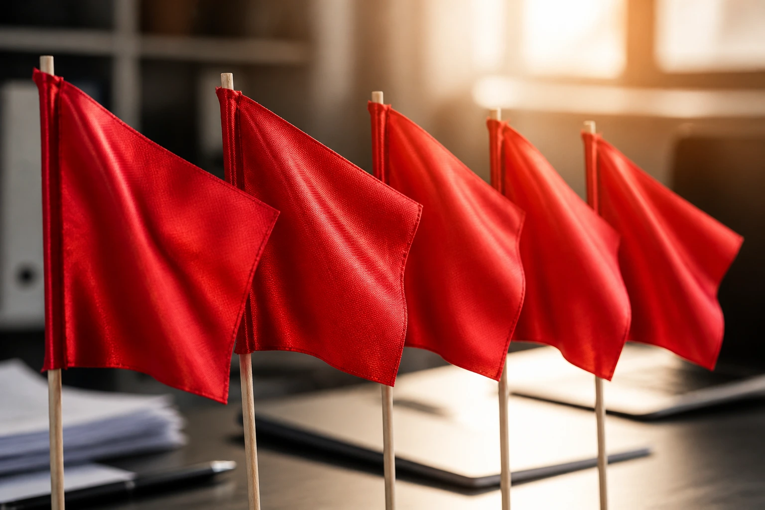 Close-up of red warning flags illustrating visa sponsorship scams in an office setting