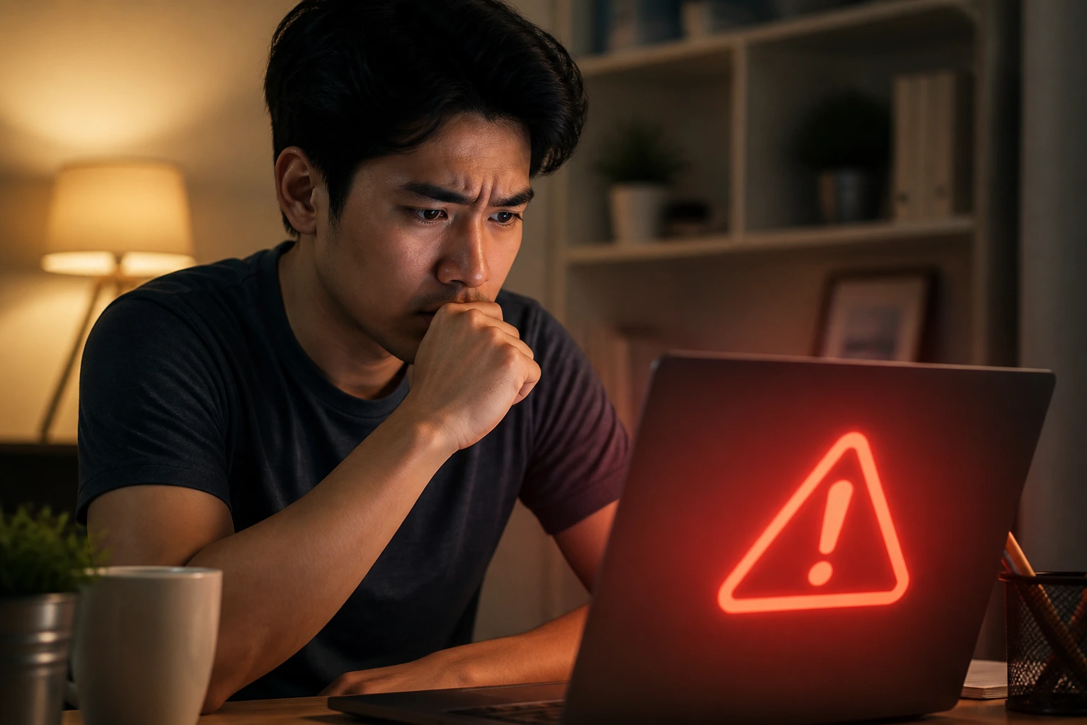 Wary applicant at desk looking at laptop with warning symbol for scams