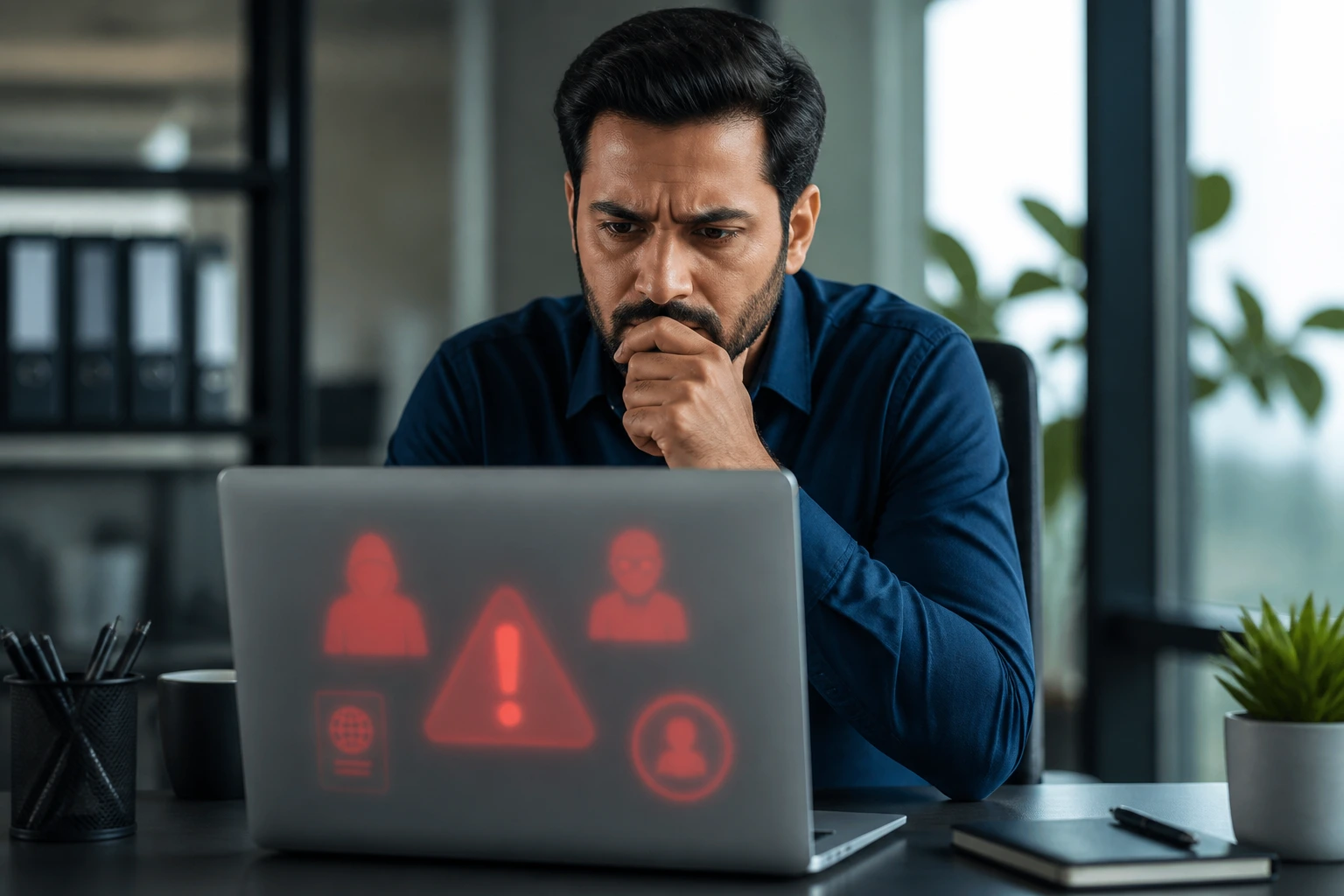 Professional wary about potential visa scam while looking at laptop