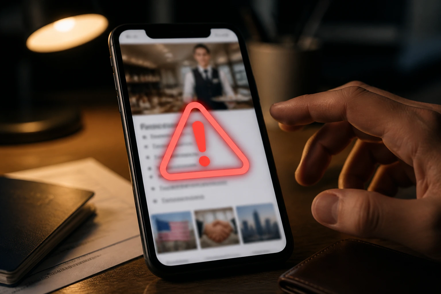 Smartphone with blurred scam post and hand to illustrate visa scam awareness