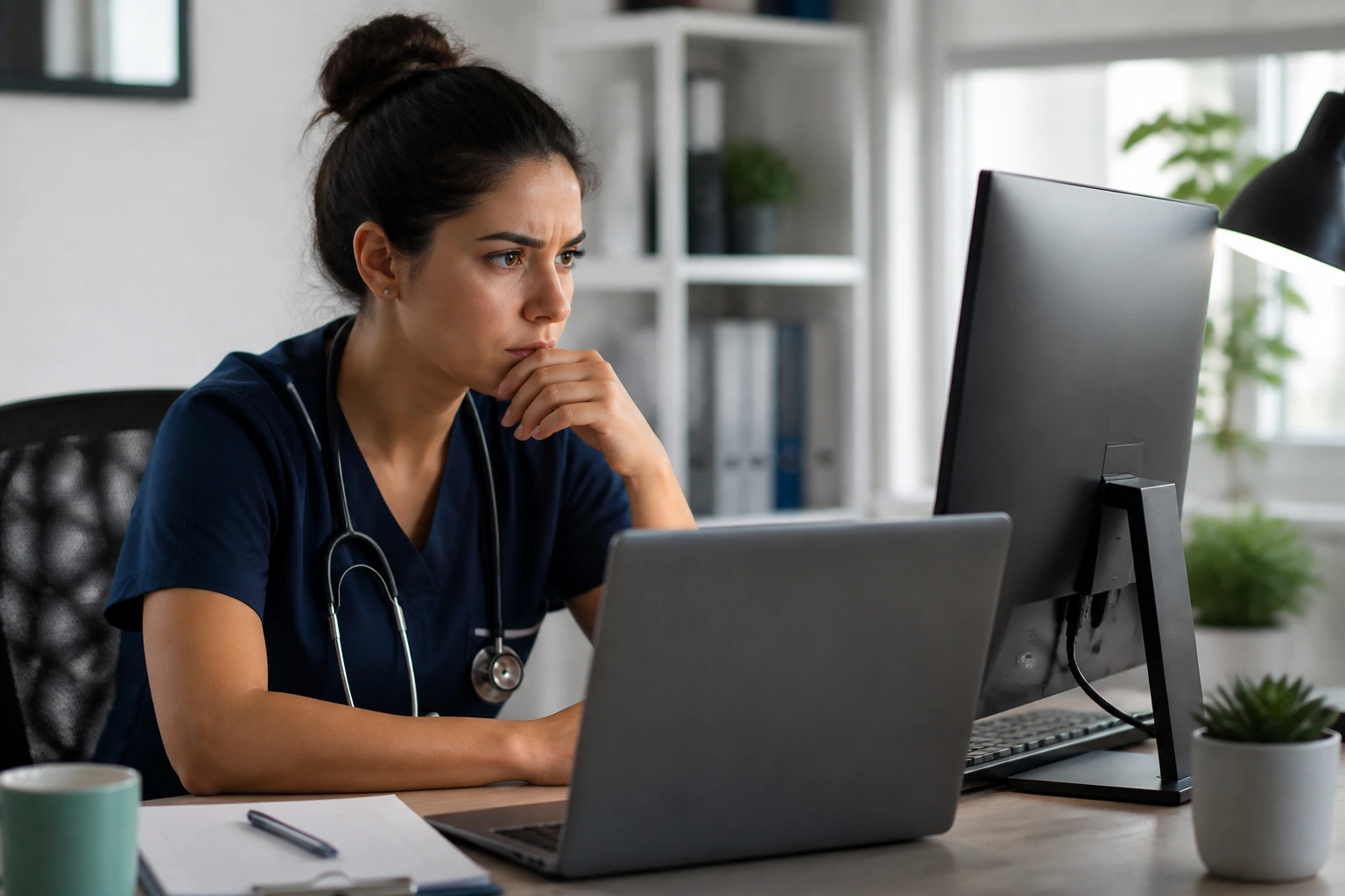 Job seeker reviewing multiple screens in a home office