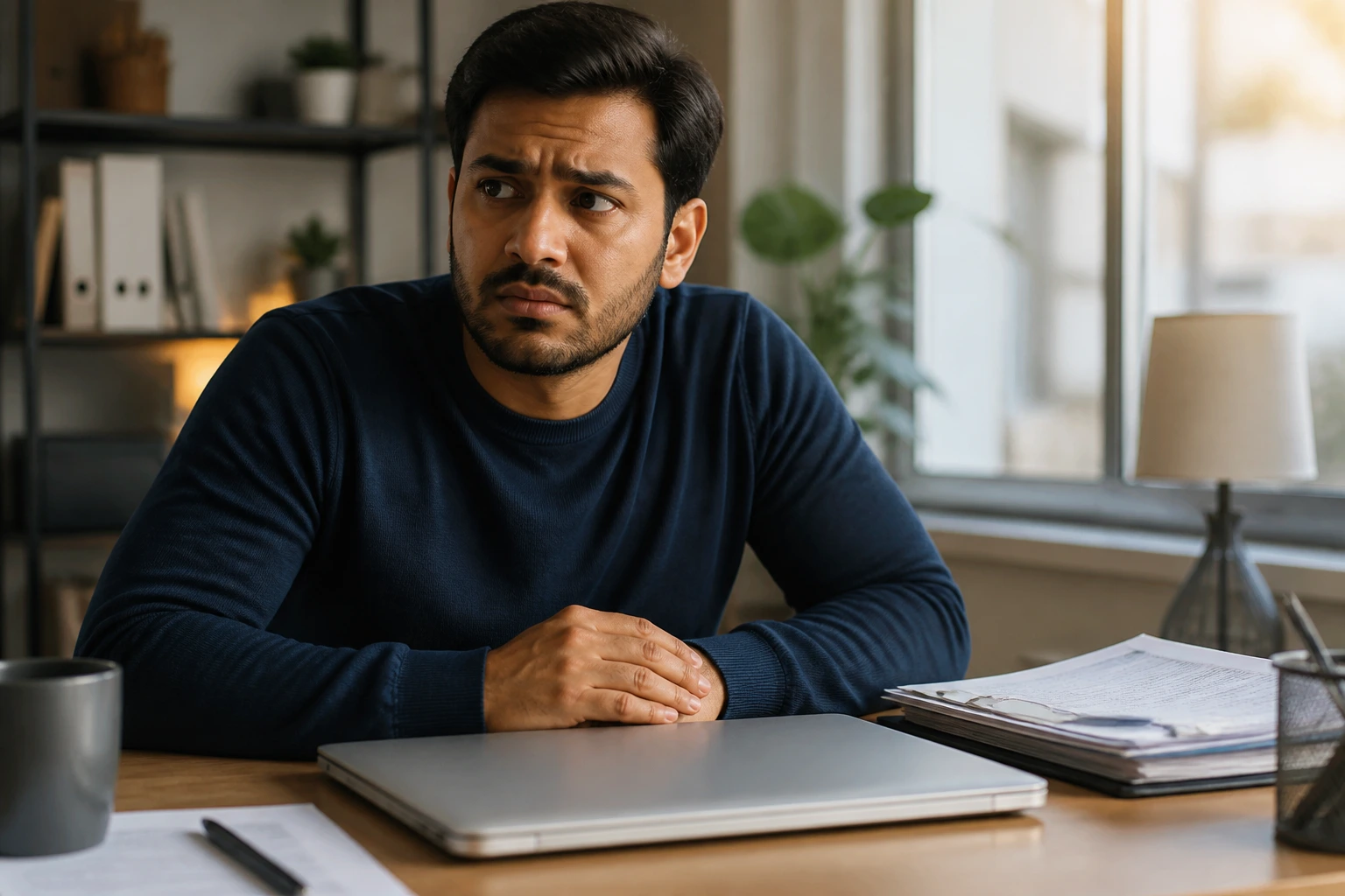 Wary job applicant in a home office considering visa scam risks