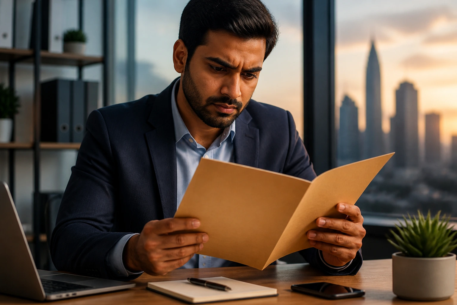 Cautious professional reviewing documents to avoid visa scams in a UK office