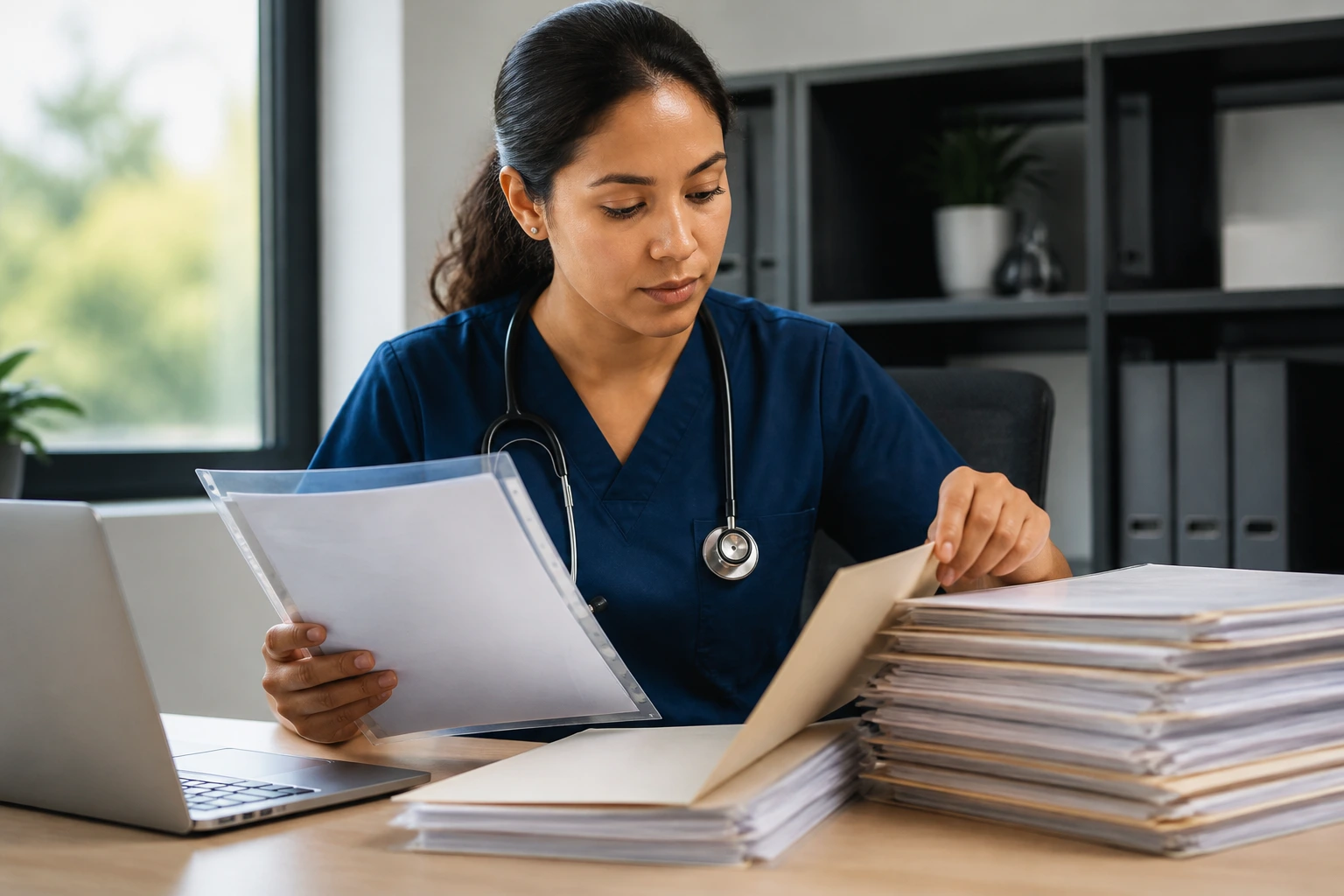 Nurse organizing transcripts and VisaScreen documents at a desk.