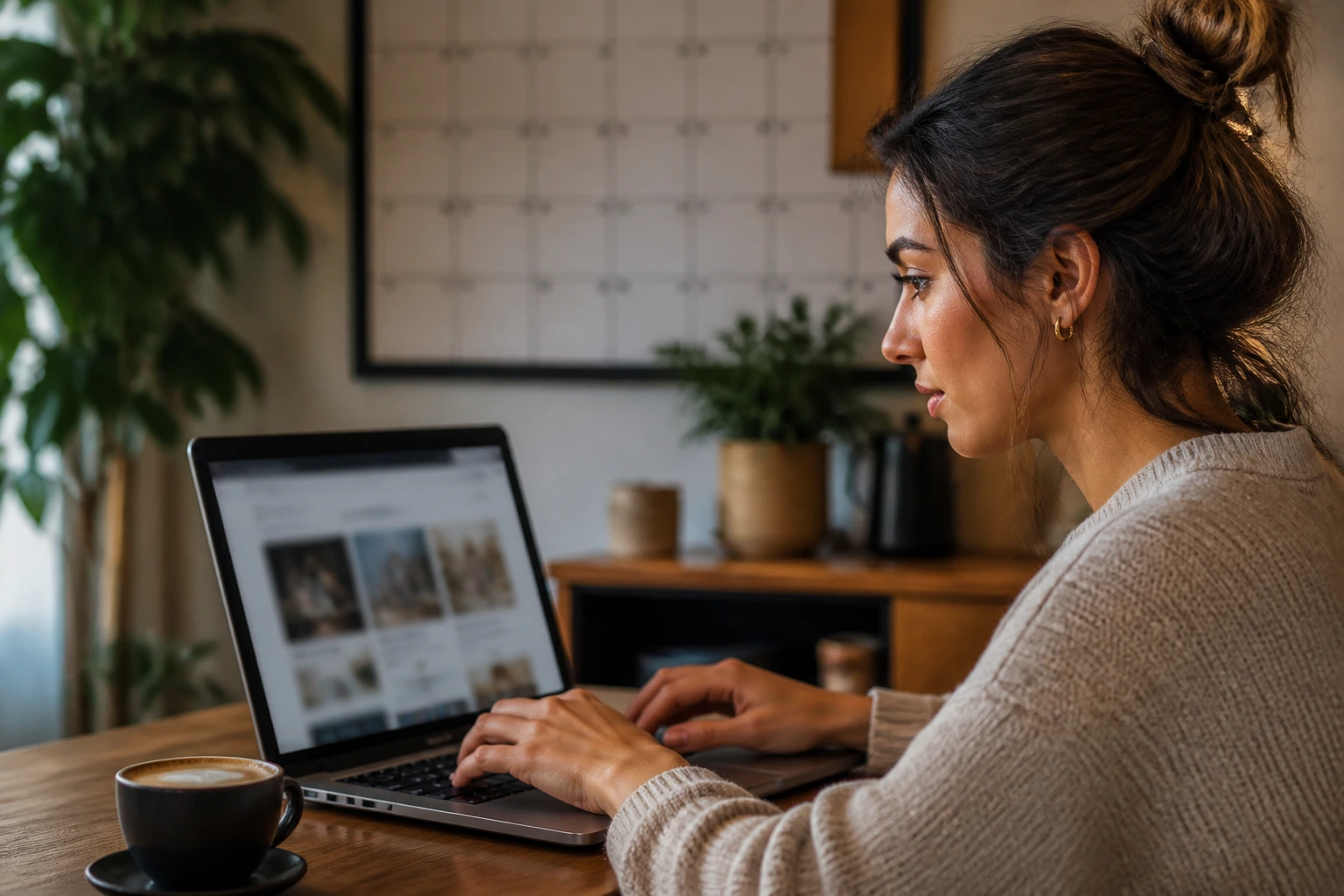 Medium close-up of a person researching visa-sponsored coffee jobs on a laptop with a coffee cup nearby